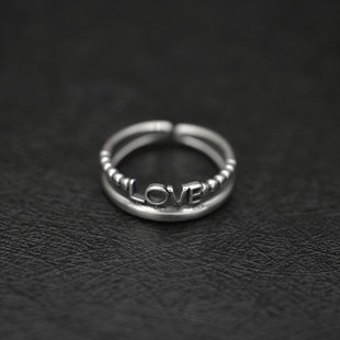 韩国东大门通体S925纯银饰品潮流复古做旧圆钻Love戒指YJZ0204