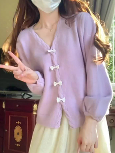 春季 外搭薄款 女秋季 毛衣外套软糯温柔蝴蝶结上衣 紫色v领针织开衫