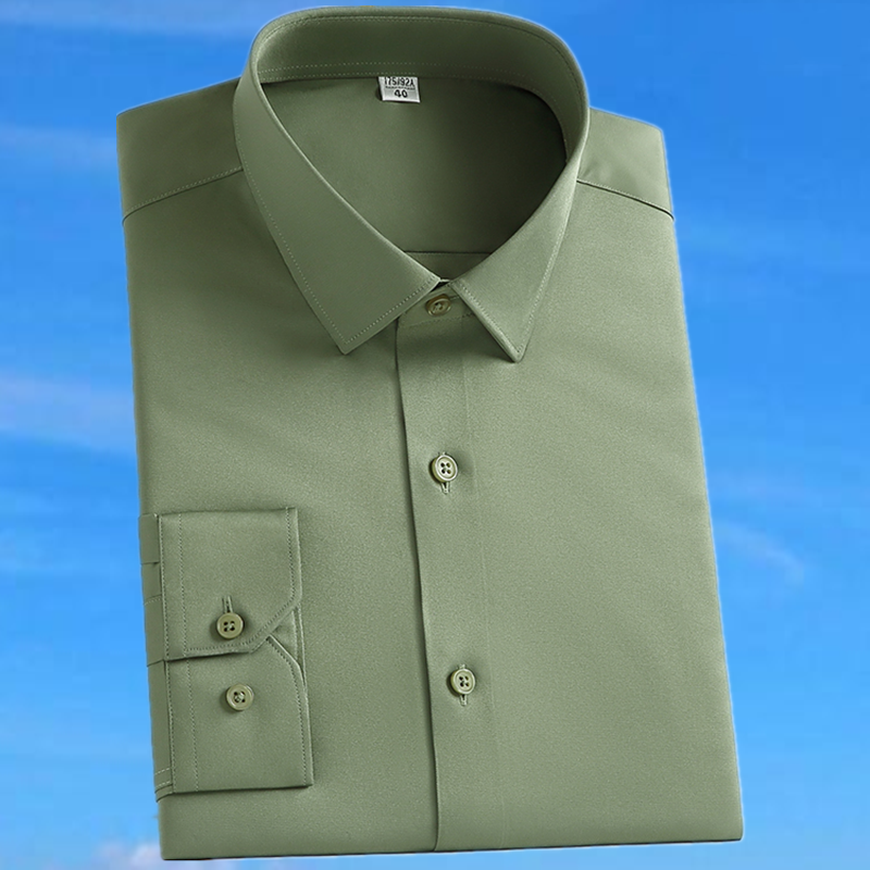 军绿色高级感弹力垂顺白衬衫 免烫丝滑抗皱商务正装 修身 休闲 男长袖