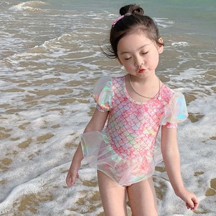 夏装 美人鱼泳衣女童洋气儿童连体泳装 可爱洋气游泳服 女孩公主裙装