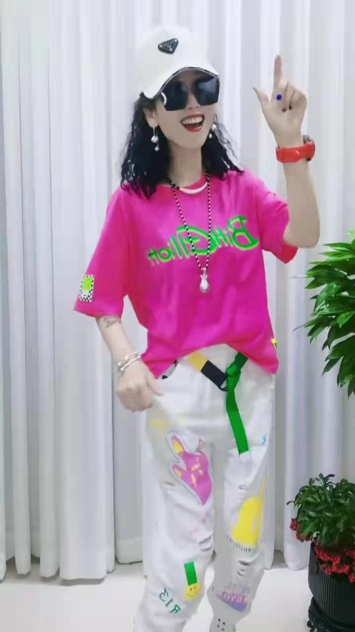 休闲粉红色韩版 潮牌2023夏装 洋气时髦长裤 女装 女牛仔套装 T恤时尚