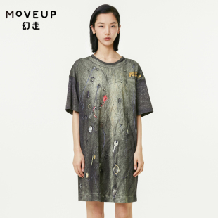 T恤女 MOVEUP幻走2022夏季 新款 纯棉印花设计师中长款 商场同款