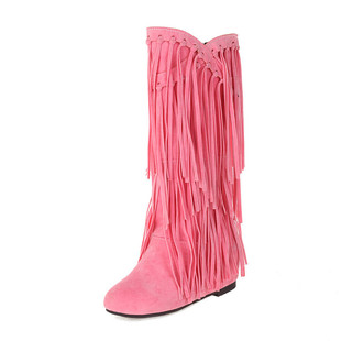 粉色女靴子酒红色高筒靴内增高磨砂皮流苏靴大码