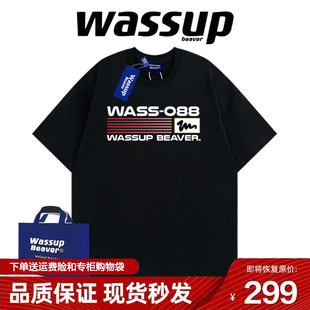 WASSUP 美式 t恤男女夏季 高街宽松上衣 BEAVER原创国潮情侣印花短袖