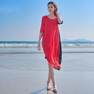 红色连衣裙女秋季 显瘦长款 过膝大摆脚踝气质沙滩长裙收腰 2023新款