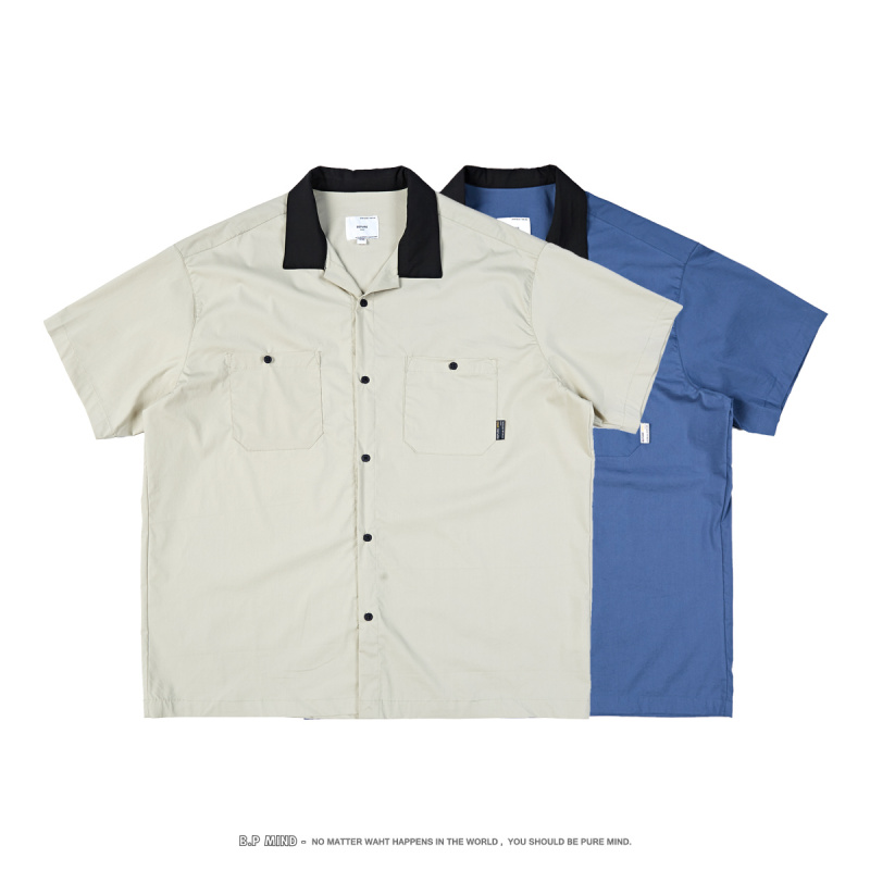 短袖 古巴领夏季 双口袋半截袖 克莱因蓝拼色日式 男衬衣寸衫 复古衬衫