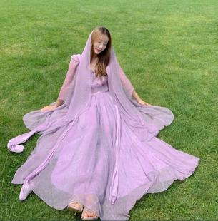 超仙长裙大裙摆连衣裙沙滩裙 紫色度假连衣裙方领喇叭袖 春夏新款