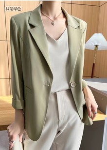 西服 高级感小众韩版 英伦风七分袖 宽松薄款 外套女春夏新款 绿色西装