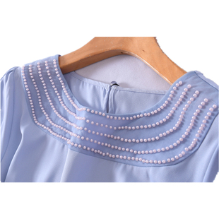 衬衫 3B3重工甜美珍珠钉珠泡泡袖 夏装 浅蓝色短袖 女装 雪纺衫