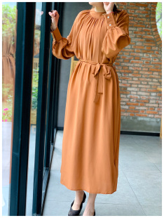 LQ223领口褶皱长袖 连衣裙夏季 圆领气质真丝长裙 休闲裙宽松时尚