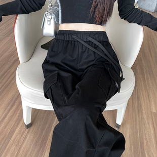 裤 女春秋2024年新款 高腰显瘦宽松直筒休闲运动裤 束脚工装 黑色美式