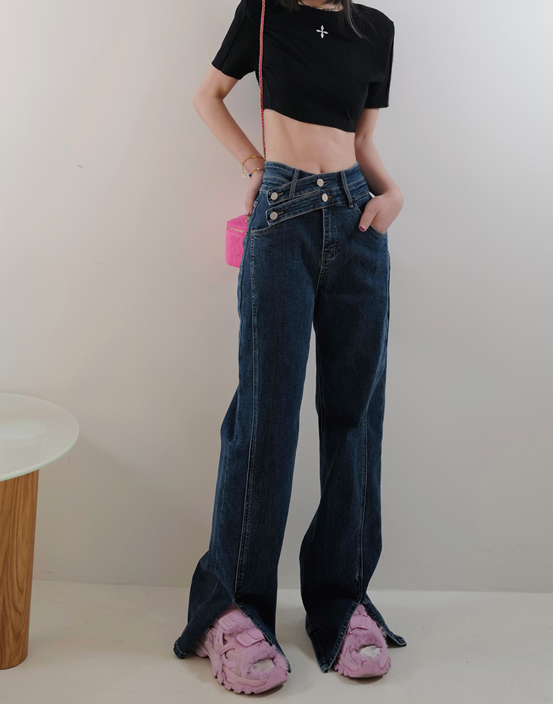 175高个子加长腿精制造器 设计感显瘦开叉牛仔裤 女秋季 高腰直筒裤