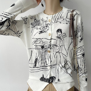 秋季 新款 女小众设计感羊绒涂鸦毛衣外套 精纺超薄微透羊毛针织开衫