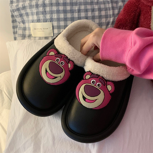 细细条 防水保暖居家鞋 冬季 女ins 亲子可爱玩具总动员草莓熊棉拖鞋