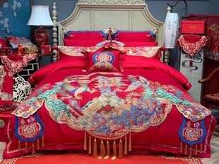高端刺绣龙凤被套婚庆喜被四件套结婚全棉纯棉大红色婚礼床上用品