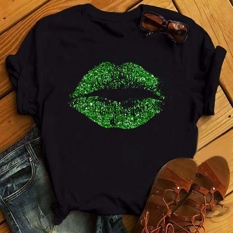 Sexy T恤女上衣 shirt Green 欧美风性感绿色嘴唇印花短袖 Lips