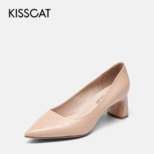 KA21101 KISS 尖头牛皮格纹粗高跟时装 CAT 女鞋 单鞋 接吻猫时尚