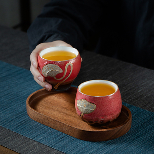 陶福气情侣茶杯子复古茶盏对杯功夫茶具陶瓷品茗杯主人杯礼品盒装