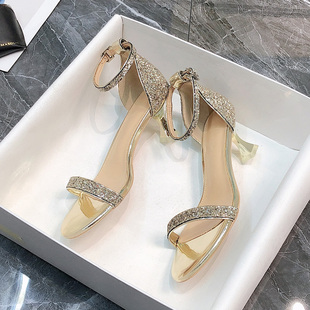 金银色水晶鞋 宴会晚礼服鞋 粗跟高跟鞋 女2021夏新款 亮片一字带凉鞋