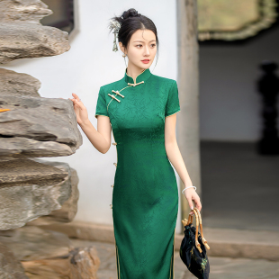 绿色改良旗袍修身 显瘦长款 连衣裙优雅 复古中国风老上海日常生活装