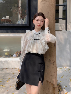 韩国chic春季 印花雪纺衬衫 新中式 高腰包臀半身裙两件套女 新款