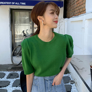 韩国chic夏季 针织衫 休闲泡泡袖 T恤女 减龄百搭圆领套头宽松薄款