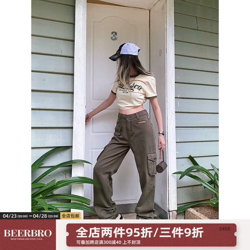 BeerBro美式 裤 女春街头多口袋hiphop工装 复古高腰直筒绿色休闲裤