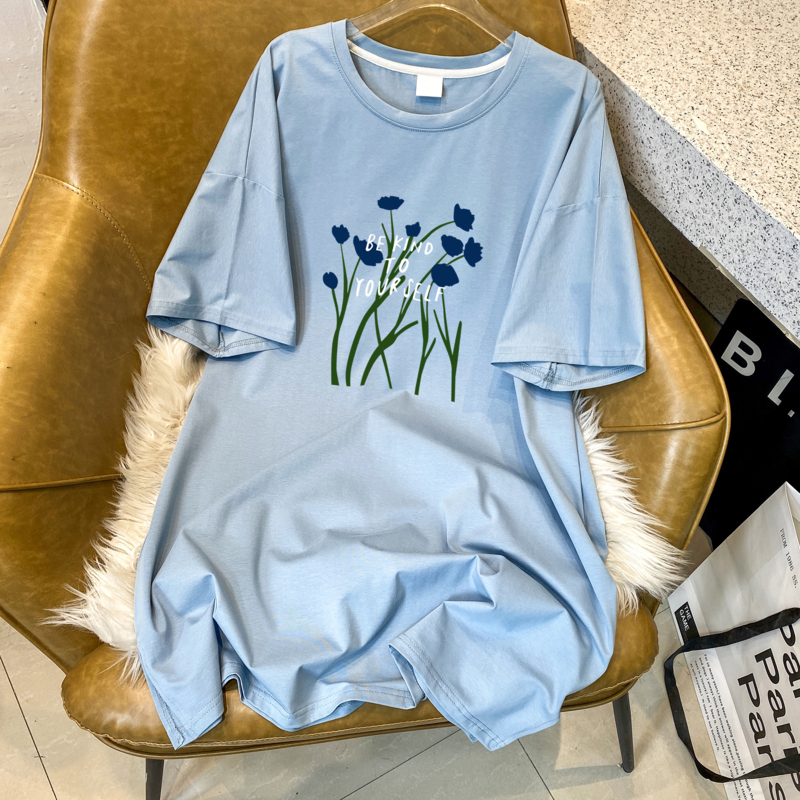 蓝色小花短袖 T恤裙设计感小众夏新款 连衣裙 韩系chic港味宽松大码