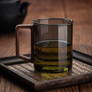 家用喝水杯子 复古水杯待客茶杯耐高温木柄玻璃水杯工夫茶套装 中式