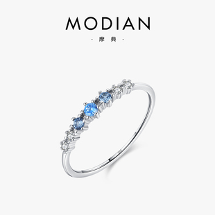 精致镶嵌蓝锆轻奢指环高级感银饰 摩典S925纯银戒指女小众设计时尚