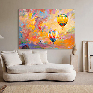 饰画抽象唯美风景手绘油画主卧室床头挂画 彩色热气球厚肌理客厅装