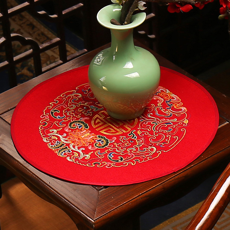 饰茶几杯垫 红木刺绣西餐桌盘垫布艺中国风家用防滑花瓶垫装 新中式
