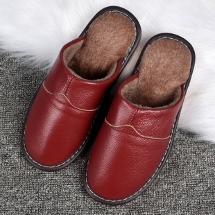 室内防滑包头 真皮拖鞋 男女居家冬季 加厚保暖棉拖鞋 头层牛皮