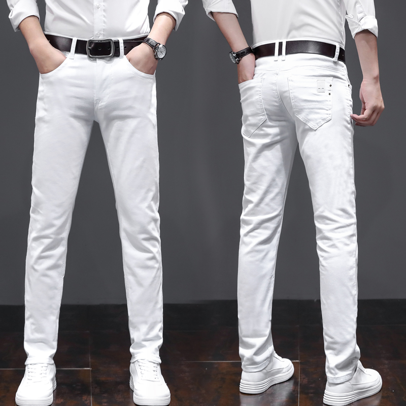 微弹力休闲 小直筒修身 长裤 韩版 品牌浅色纯白色牛仔裤 原创设计男士
