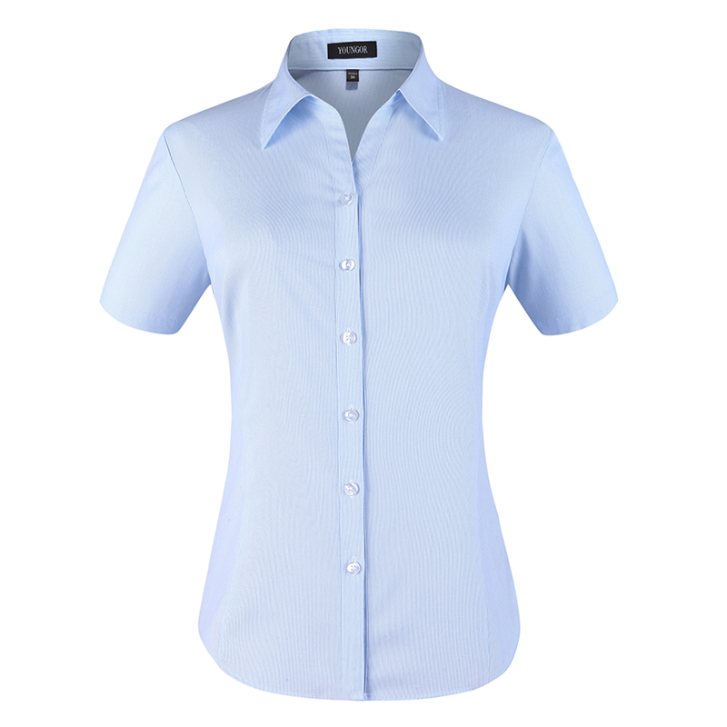 商务休闲职业衬衣V领免烫蓝色条纹工作服衬衣 衬衫 雅戈尔女士短袖