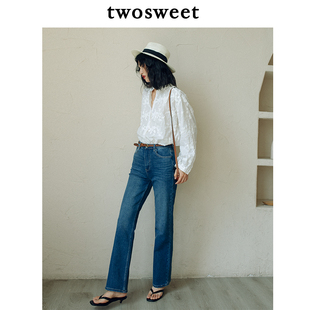 twosweet2024新款 直筒复古深蓝牛仔长裤 显腿长高腰窄版 弹力女 法式