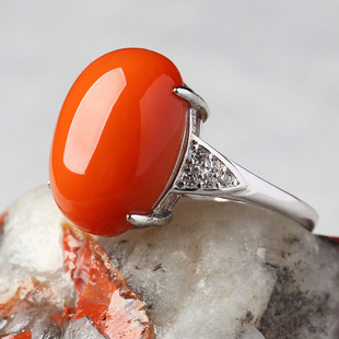 925银镶嵌 亲宝水晶满肉火焰红天然南红玛瑙戒指指环