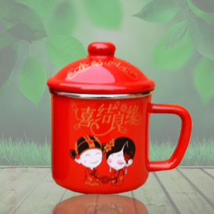 杯子搪瓷复古茶缸 带盖怀旧搪瓷杯婚庆红色杯喜庆杯搪瓷茶缸经典