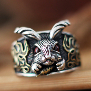 开口指环小动物生肖属兔银饰复古民族风饰品 兔子纯银戒指男女同款