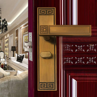静音门锁单舌卧室房间实木门锁具黄红古铜房门锁套装 永佳福新中式