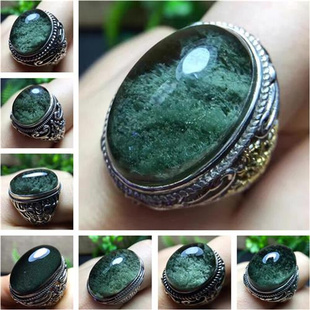 戒指 全包裹 礼物 男女款 绿幽灵 925银复古戒圈绿色幽灵石 聚宝盆