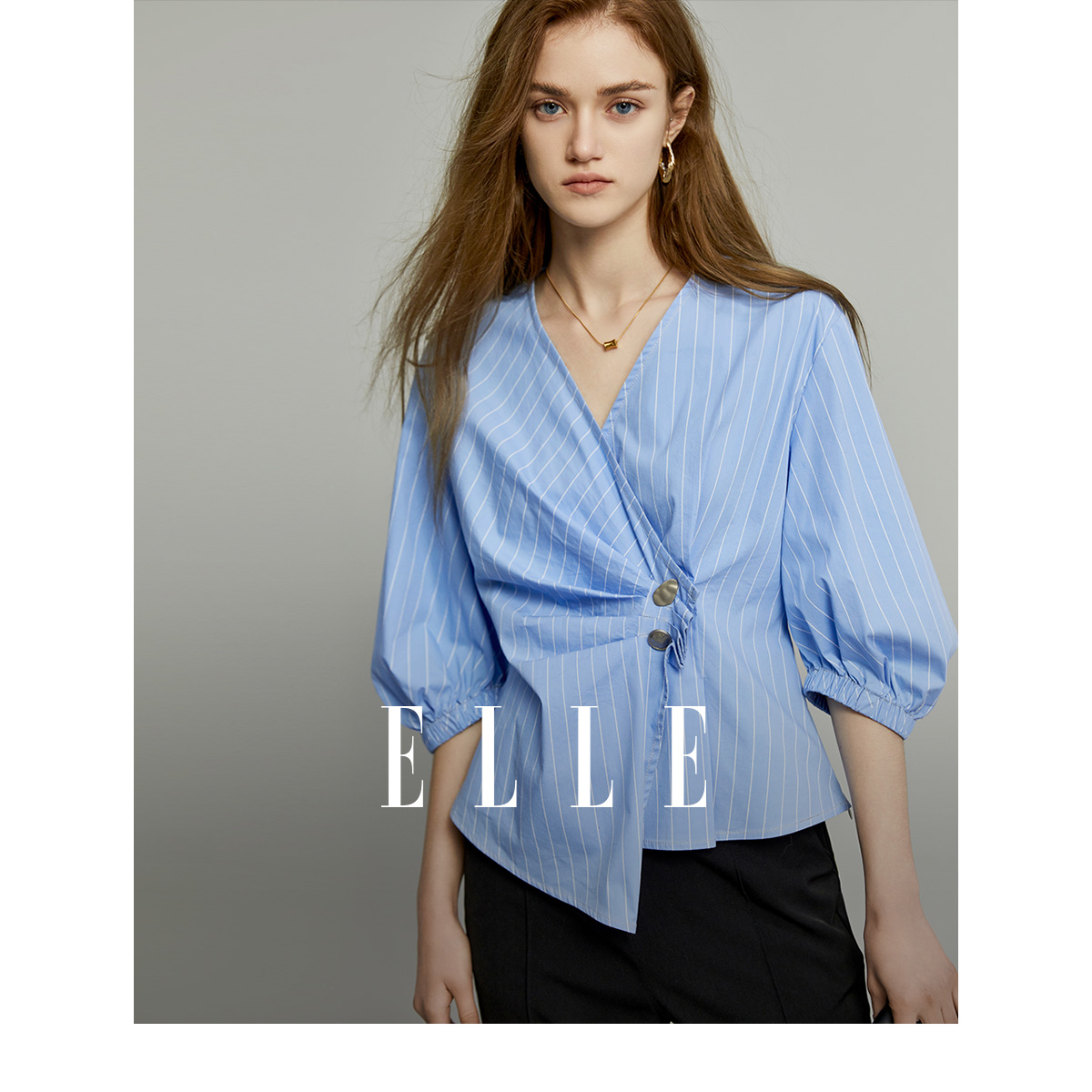 女2024夏季 ELLE法式 上衣 新款 设计感时尚 通勤显瘦小众短袖 气质衬衫