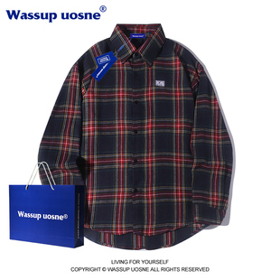 WASSUP酒红色格子长袖 设计感小众情侣装 男女春秋季 衬衣外套潮 衬衫