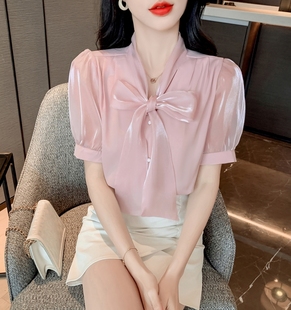 时髦上衣 气质蝴蝶结泡泡短袖 粉色雪纺衬衫 女时尚 法式 香港TIMO夏季