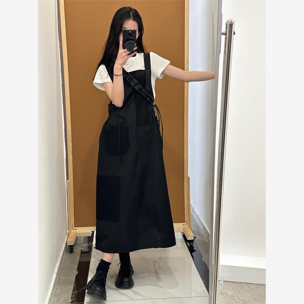 哈道黑色工装 背带连衣裙女2024春夏新款 设计感小个子拼接长裙 美式