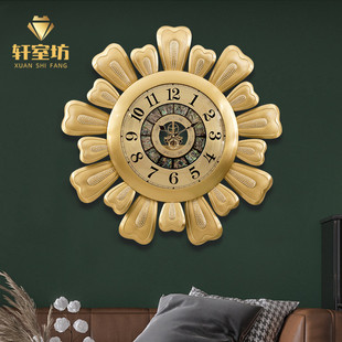 轩室别墅玄关客厅挂钟欧式 轻奢纯铜花朵创意时钟美式 饰壁挂 大气装