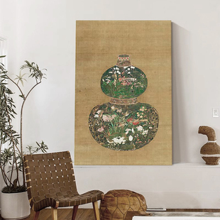 饰画手绘油画中古客厅家居摆件挂画 复古中国风玄关装 葫芦花瓶法式