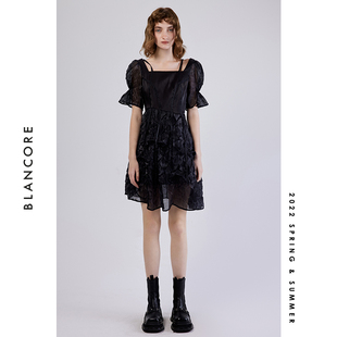 褶皱设计感短袖 夏新款 裙不规则抽绳连衣裙 设计师品牌BLANCORE