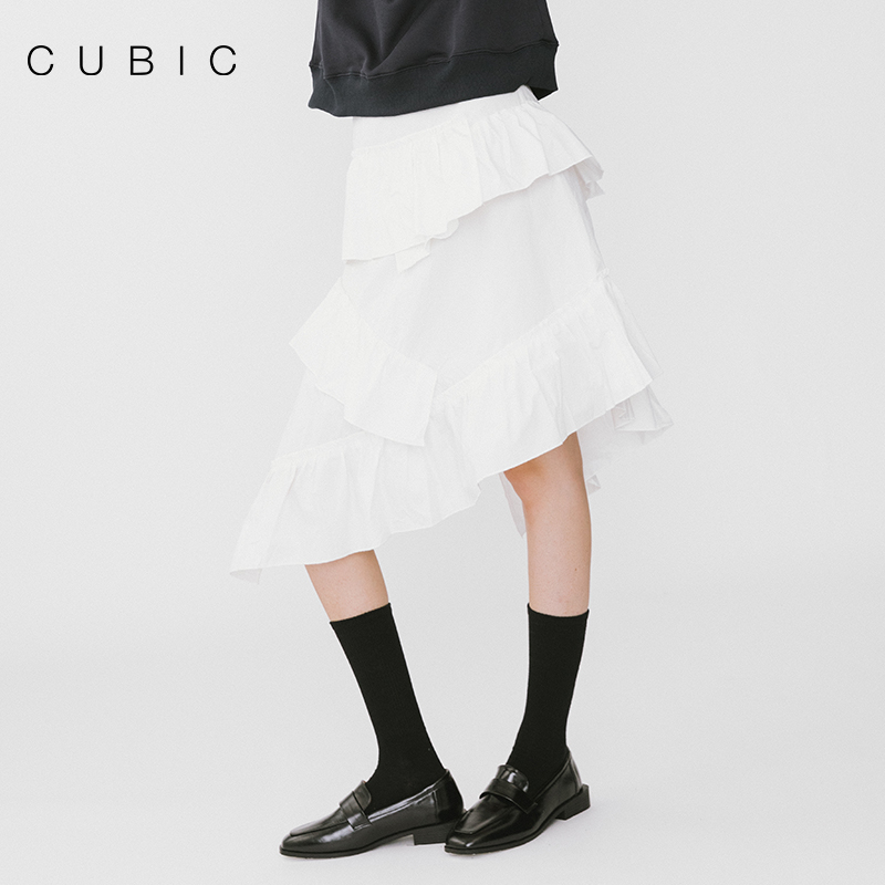 CUBIC不规则开叉设计A字高腰显瘦荷叶边蛋糕裙半身裙