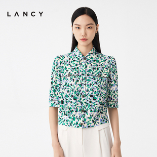 LANCY 衬衫 新款 领宽松碎花短外套女通勤印花衬衣上衣 朗姿2023夏季